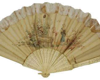 1718 - Vtg Oriental Fan w/ Celluloid Handle (Description): Vintage Oriental fan featuring a celluloid  handle. The fan measures 12 inches by 21  inches.