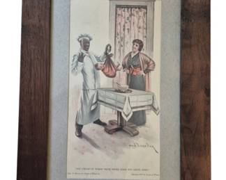 3705 - Framed Cream of Wheat Advertising Print (Description): Framed vintage Cream of Wheat advertising  print featuring the iconic Rastus character,  a chef figure associated with the brand's  early 20th century marketing. The colored  illustration depicts a domestic scene with the chef presenting to a woman. Set in a  rustic dark wood frame with gray matting.  Measures 19" x 13".