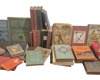 4207 - Group of Antique & Vintage Books (Description): A group of antique and vintage books  featuring a variety of subjects including  geography, science, children's stories, and  inspirational titles. The collection includes  hardcover volumes with decorative cloth and illustrated covers, representing publishing  from the late 19th through mid-20th century.  Titles visible include Noble Lives and Brave  Deeds, New Geography Book Two, Science All  About Us, and various children's illustrated