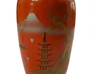 2757 - Japanese Pigeon Blood Lacquer Vase 7" (Description): Japanese pigeon blood lacquer vase featuring  traditional scenic decoration. Measures 7  inches in height.