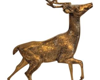 1461 - Brass Stag Deer Figurine Decor 21 x 4 x 14 (Description): Decorative brass stag figurine featuring a  buck in mid-stride with detailed antlers and  textured spotted coat.