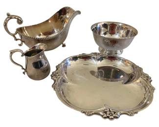 412 - 4pc Silver Plated Assorted Items (Description): Including a gravy boat, footed bowl, creamer,  and decorative tray.