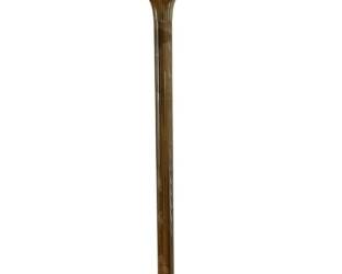 1092 - Brass Floor Lamp w/ Lotus Petal Base 62" (Description): Elegant brass floor lamp featuring a  distinctive lotus or flower petal-shaped base  and a flared tulip-form socket holder. The  slender columnar stem rises from the  scalloped base and is topped with a black empire shade with ball finial. The lamp  exhibits a warm patinated brass finish  throughout. Measures 62 inches tall. Used as is electric/electronic/mechanical  item. No guarantee all components, untested.