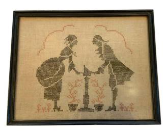 1195 - Framed Cross Stitch of Victorian Couple (Description): Measures 11" x 9.5".