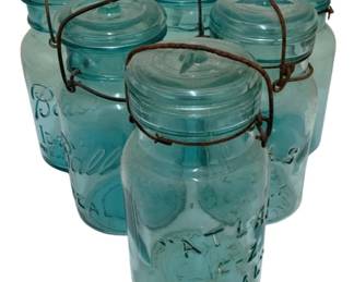 1626 - 6 Vintage Blue Glass Ball Canning Jars - 8" Tall