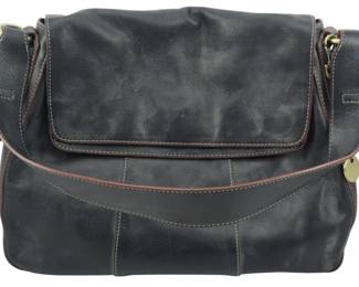 1835 - Vtg Etienne Aigner Shoulder Bag (Description): Vintage Etienne Aigner shoulder bag in dark  leather with contrasting trim and gold-tone  hardware. Measures 10 inches wide by 13  inches tall by 4 inches deep.