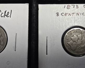 tray of shield nickels and 3 cent nickels 