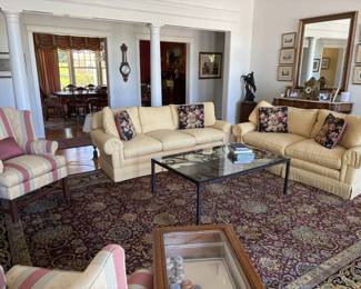 Living room furniture - custom made from Calico- Down filled sofa and loveseat, wing chairs, glass coffee table