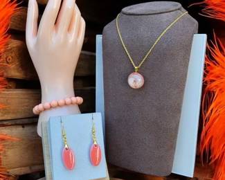 Ocean Vibes  Coral Colored Swirl Button Necklace, Earrings  Bracelet