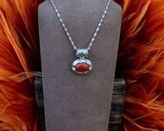 Sterling Silver Twisted Necklace With Red Coral  Carnelian Stone  19.87 Grams