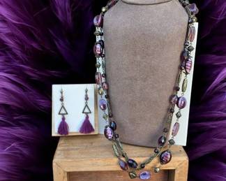 Vintage Premier Designs Purple Iris Layered Necklace  Purple Bohemian Tassle Earrings