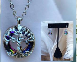 Tree Of Life Iridescent Necklace  Mystic Topaz Teardrop Earrings