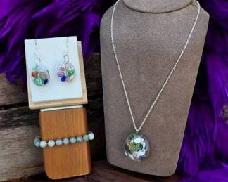 Green Fire Azurite Bracelet  Tested  Beach Themed Necklace  Earrings