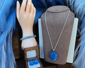 Blue Apatite Bracelet Tested  Marble Swirl Necklace  Button Earrings