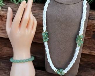 White Glass Seed Bead With Jade Necklace  Green Stone Bracelet