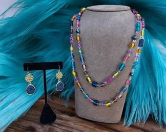 Long MultiColored Glass Necklace  Blue Earrings
