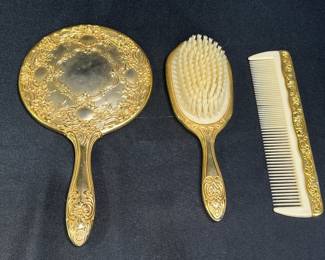 Vintage Ornate Gold tone 3 Pc. Vanity Set