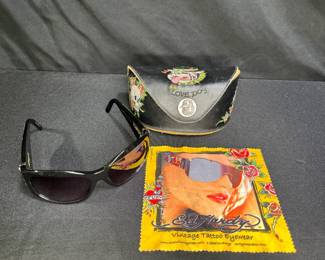  Vtg Ed Hardy Sunglasses w/ Love Dog Leather Case