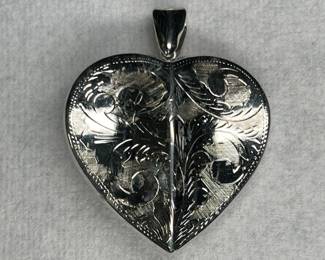 Pendant Etched Puff Heart Shaped Sterling Silver