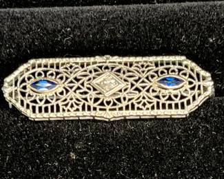 Art Deco White 14k Gold Sapphire & DIamond Brooche