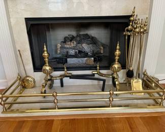 Brass Fender, Andirons and Fireplace Set