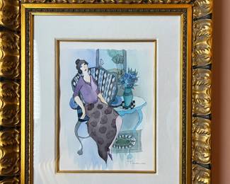Framed Watercolor Painting of Lady in Chair by Tarkay