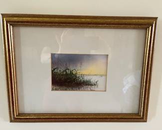 Watercolor Landscape Painting of Wetlands in Gold Frame