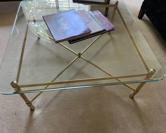 Glass Top  Coffee Table with Brass Cross Stretcher Base
