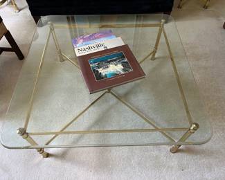 Glass Top  Coffee Table with Brass Cross Stretcher Base