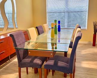 Calligaris Hyper Extendable Glass Table with Eight Calligaris Parsons Chairs