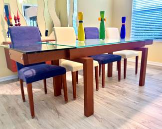 Calligaris Hyper Extendable Glass Table with Eight Calligaris Parsons Chairs