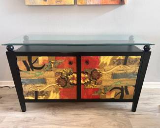 Lacquered Glass Top Console Cabinet