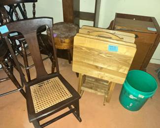WOODEN TV TABLES, VINTAGE SEWING ROCKER