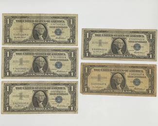 Five 1957 $1 Silver Certificates