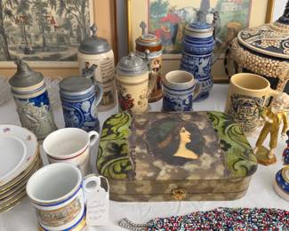Antique Celluloid Dresser Box, Antique Shaving Mugs, German Steins