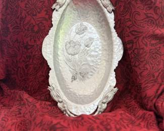 Hammered aluminum Rodney Kent oval serving tray with tulip design