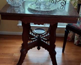 Marble Top table, with various pieces of crystal including Waterford Maeve decanter