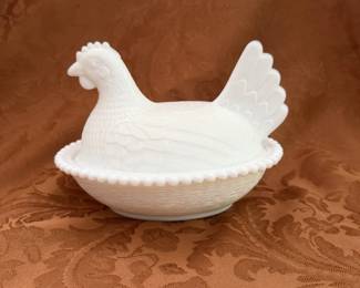 Vintage white glass hen on nest -- Indiana Glass Company