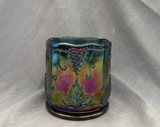 Indiana Glass Harvest Grapes iridescent blue carnival glass canister