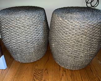 Pair of braided natural fiber drum stool or puff ottoman