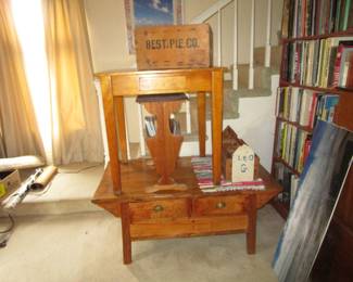 Arts & Crafts vintage table, cash table, Seattle Best Pie co box