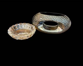 Vtg Signed Orrefors Crystal Bowl  Hammered Silvertone Vase