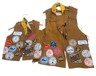 Pair Of Vintage YMCA Indian Guides Suede Leather Vests  1 Adult And 1 Child Sizes