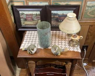Wood Console Table with Magazine Rack, Lamp, and Framed Wall Art