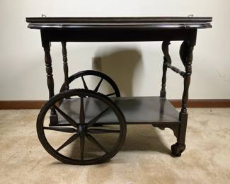 Vintage Dark Wood Tea Bar Serving Cart with Spoked Wheels