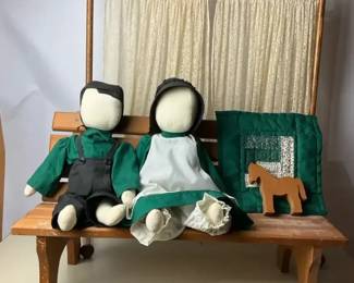 Amish Style Faceless Dolls With Wooden Bench, Wheelbarrow, and Wicker Buggy