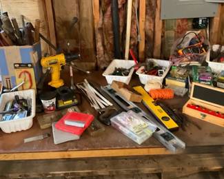 DeWalt Cordless Drill, Hand Tools, Levels, and Workshop Hardware Collection