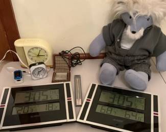 Digital Bathroom Scales, Clocks, Thermometer, and Plush Figure