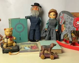 Vintage Childrens Books, Wooden Toys, and Amish Style Dolls