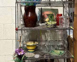 Metal Bakers Rack with Assorted Glassware and Decor